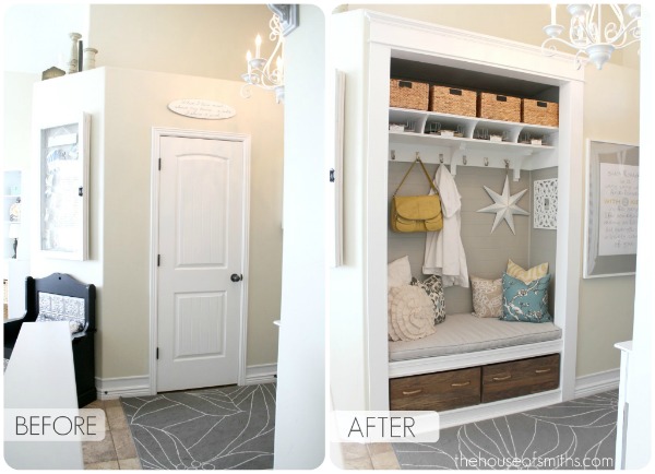 entryway closet makeover with a storage nook, bench with drawers, a shelf with hooks and storage, and baskets