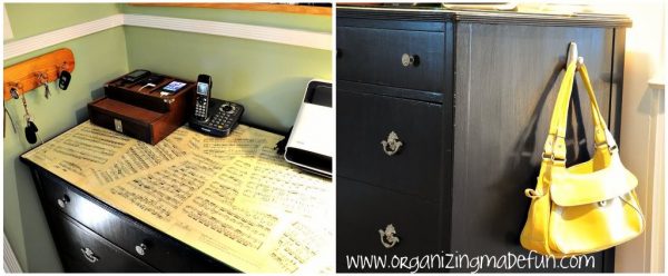entryway dresser with storage hooks, a cell phone organizer, receipt scanner, and answering machine