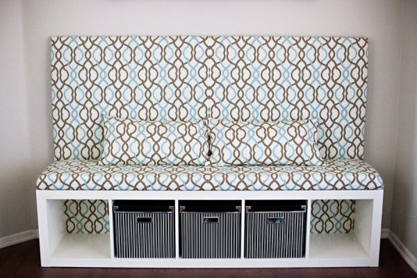 upholstered diy ikea banquette bench with storage boxes, cubbies, a back, and pillows hack