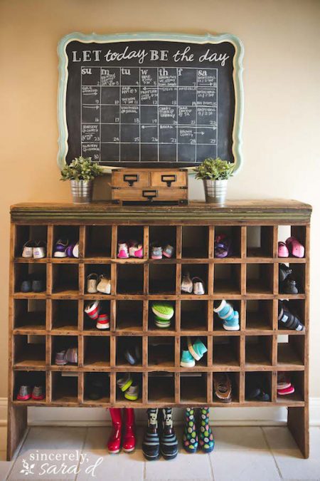 vintage mail sorter shoe cubby with a chalkboard calendar that reads "let today be the day"