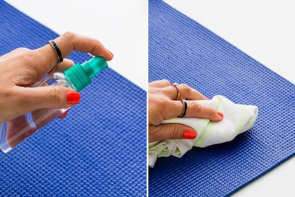 how to clean yoga mat naturally by brit and co: use a homemade yoga mat spray cleaner and cloth