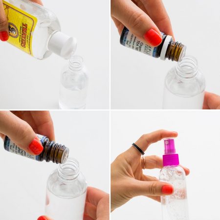 how to make yoga mat spray: mix distilled water, witch hazel, and essential oils into a spray bottle