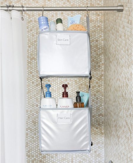 great useful stuff hanging bucket bins storing skin and hair care products
