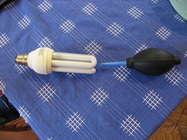 an energy saving light bulb on a blue cloth with white pattern