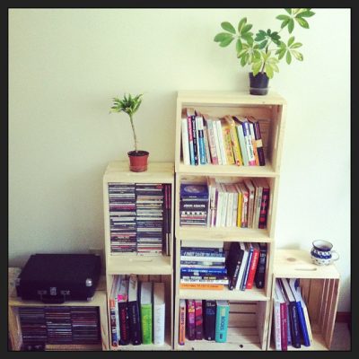 wooden crates storing books