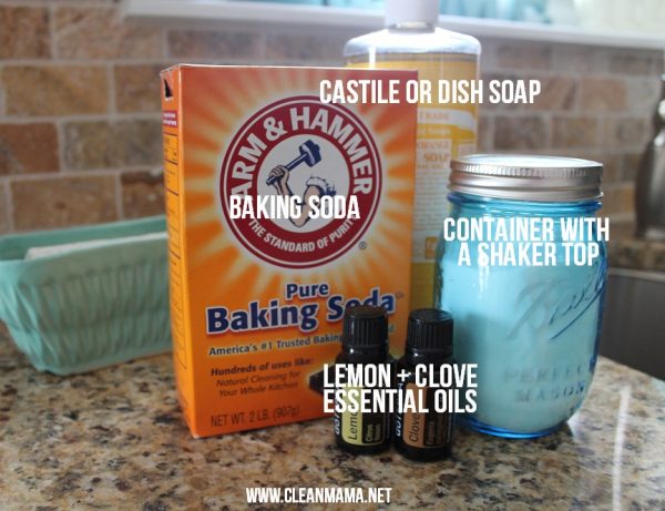 clean mama's lemon and clove nightly sink scrub ingredients: baking soda, lemon essential oil, clove essential oil, castile soap, and a ball mason jar