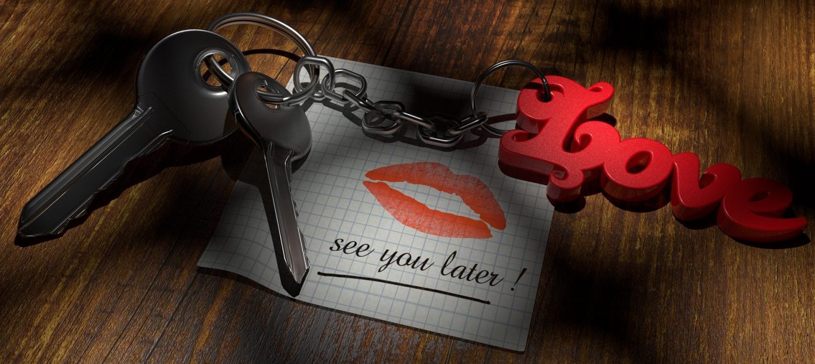 moving in together: keys on a "love" keychain on top of a note that has red lipstick imprints and reads "see you later"
