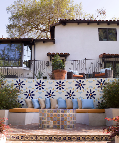 tiled patio with outdoor seating with cushions and pillows, designed by lori dennis