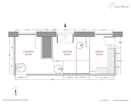 lena lalvani's blueprint of an outdoor deck with a cooking zone, seating zone, and dining zone