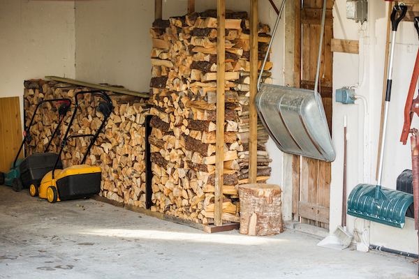 A pile of firewood in the back of a garage.