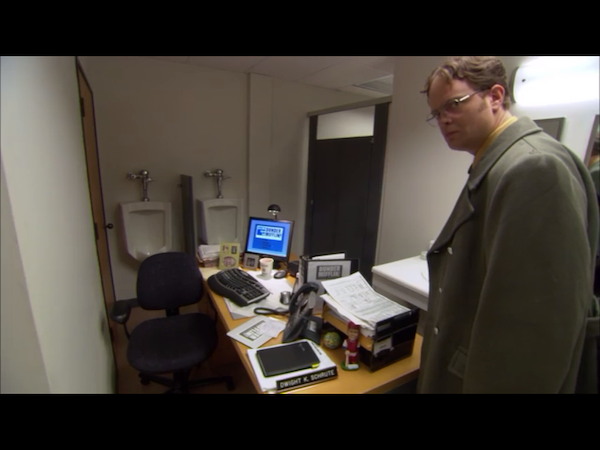 Dwight's desk in the bathroom