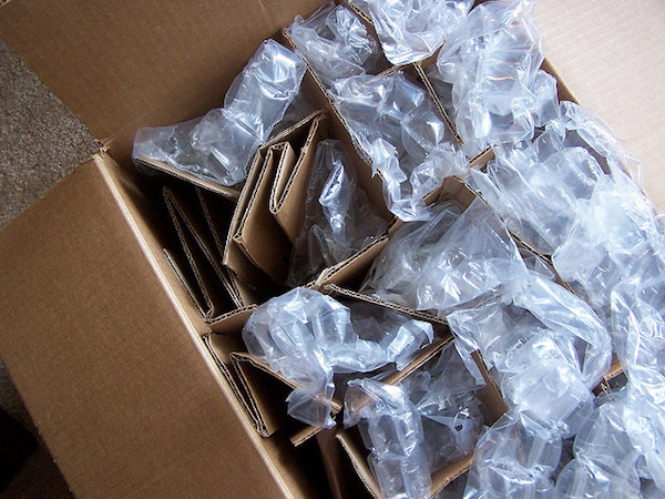 A closeup of fragile items that have been packed away