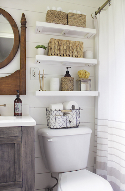 floating shelves over toilet