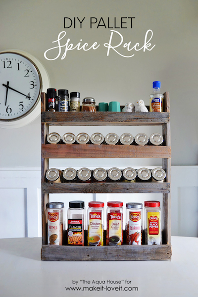 a multi-level spice rack made of pallet wood holds a number of spices