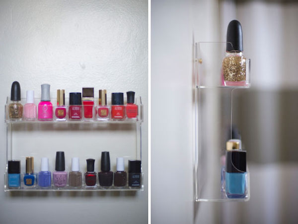 container store acrylic rack storing bottles of nail polish