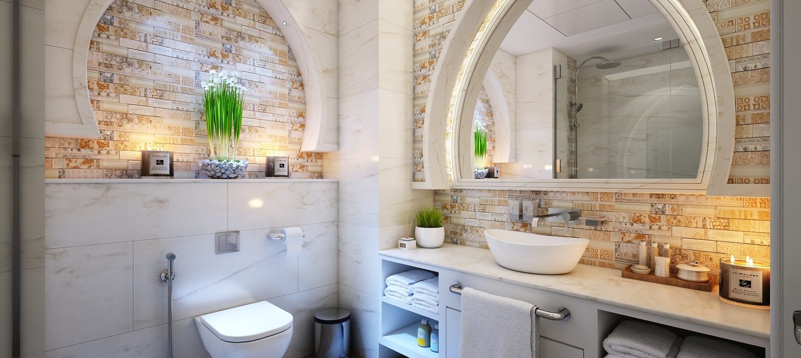 serene bathroom without cabinets