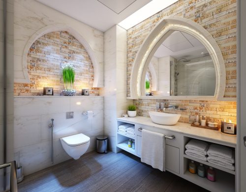 serene bathroom without cabinets