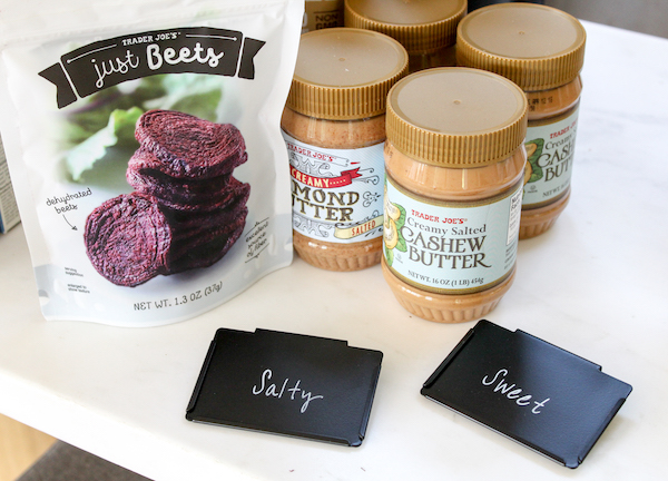 pantry items like dehydrated beets and almond butter are divided by salty and sweet categories