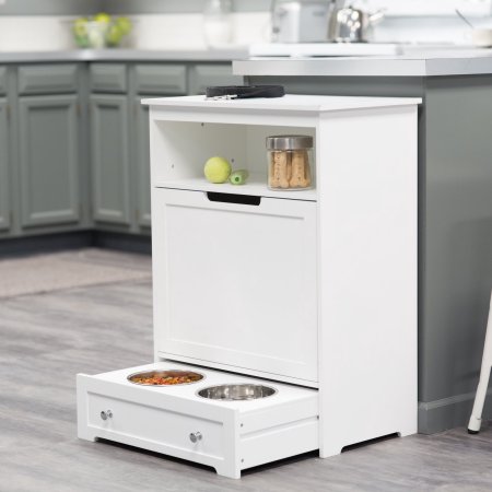 a white boomer and george pet feeding station with pull-out drawers in the bottom
