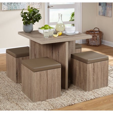 a 5-piece baxter dining room set that saves space with 4 storage ottomans that double as seats