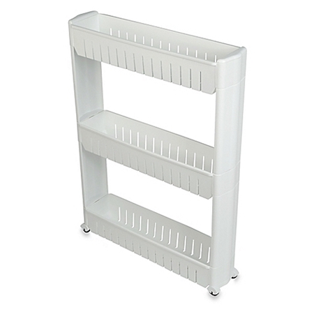a white 3-tier slide out storage tower with wheels that fits in tight nooks and crannies
