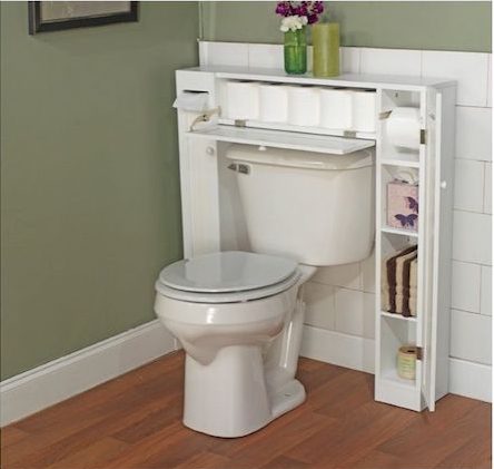 a white over-the-toilet simple living space saver shelf storing toilet paper, tissues, hand towels, and more