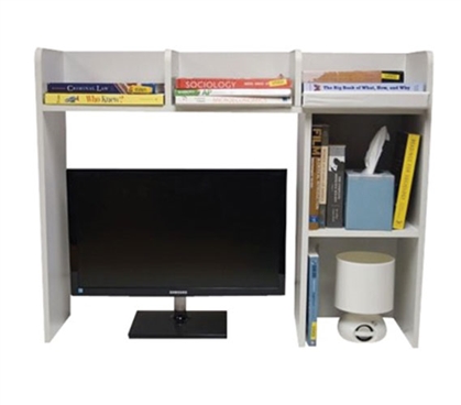 a white classic dorm desk bookshelf stores books, a tissue box, and more above a computer monitor