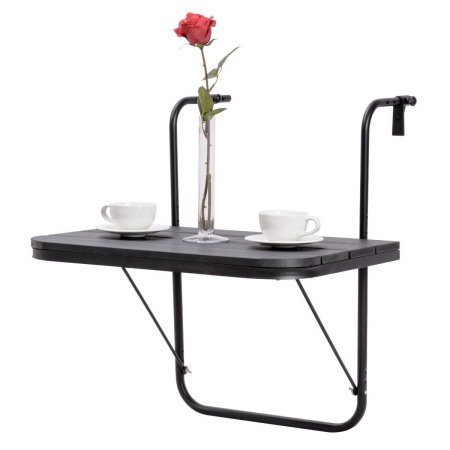 an adjustable gymax hanging railing folding deck table supporting 2 white coffee mugs on plates and a rose in glass vase