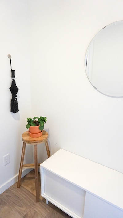 A mirror hangs in the entryway of a micro-apartment