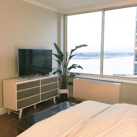 a plant sits next to a window with a gorgeous view from a studio apartment