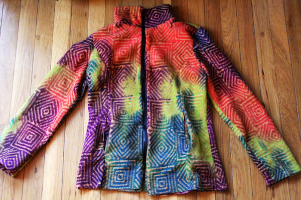 multi colored geometric pattern fleece jacket