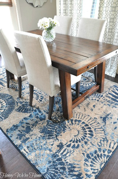 blue patterned dining room rug