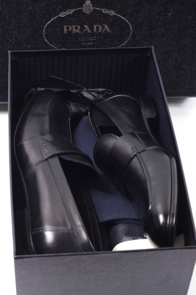 black leather prada dress shoes in box