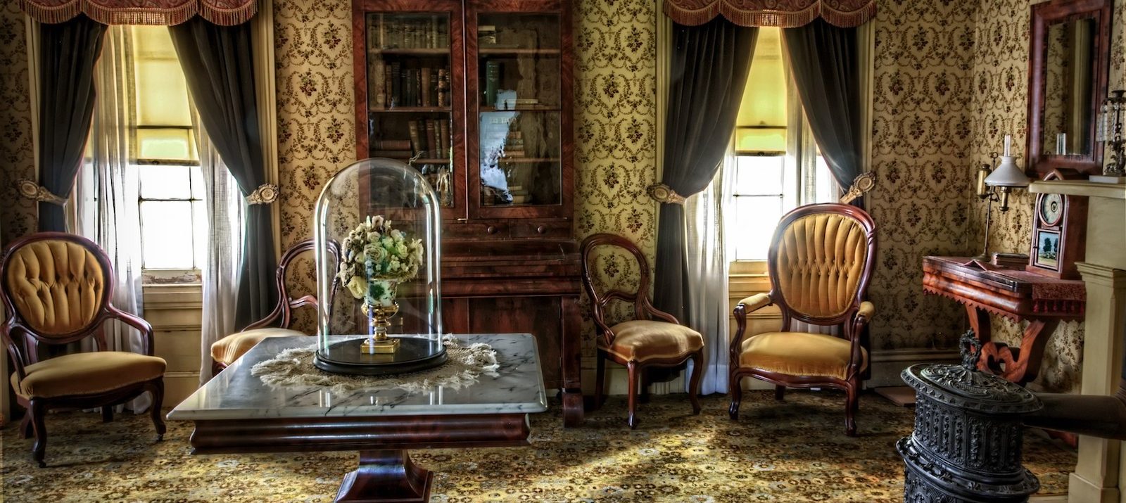 living room with vintage fragile wood furniture