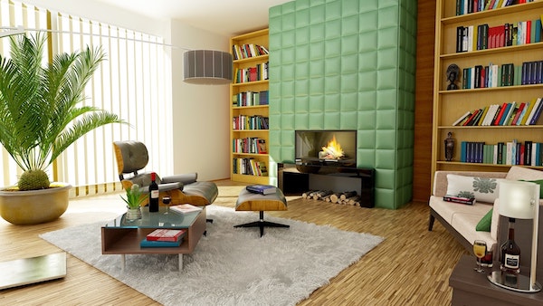 vintage mid-century modern living room with fireplace