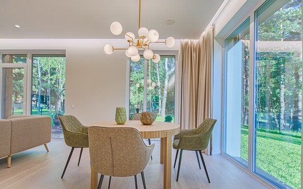 A bright dinning room with sunlight flowing in