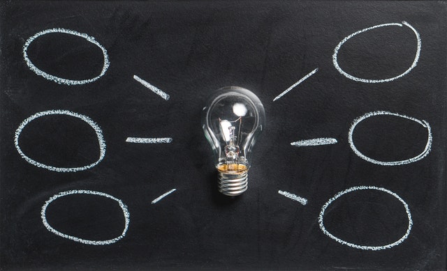 Electric bulb on a chalkboard background, and speech bubbles drawn around it.