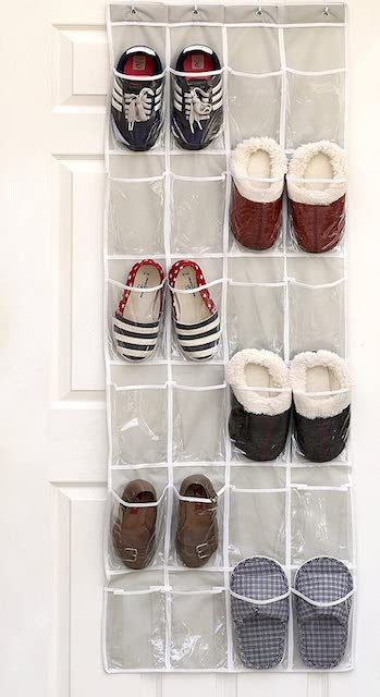 An over the door shoe organizer, with shoes neatly organized in it