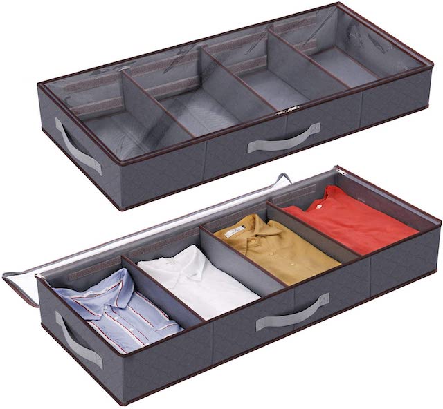 An under the bed organizer with clothes neatly organized in it