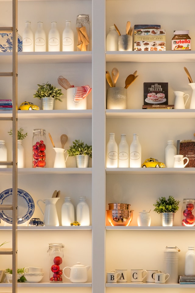 A well-lit up, beautiful pantry