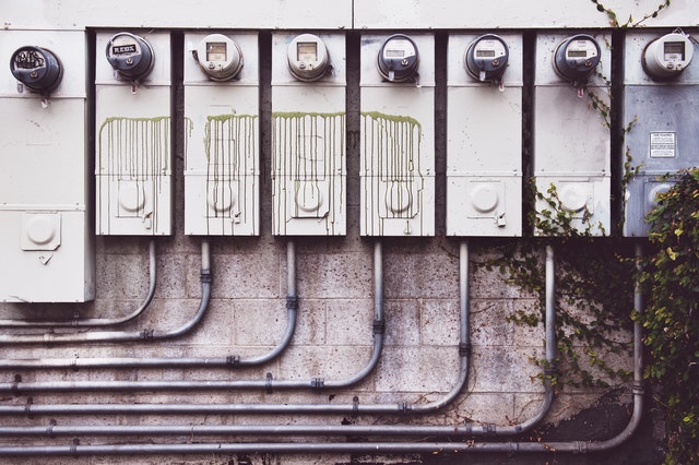Electricity meters in a line. 