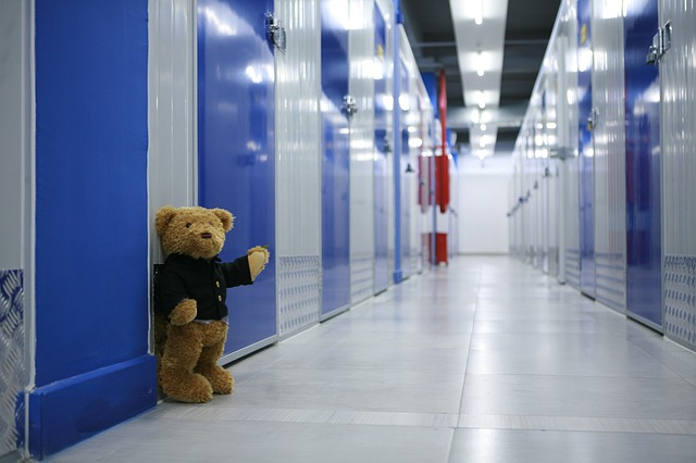 A teddy bear waving creepily inside a storage unit