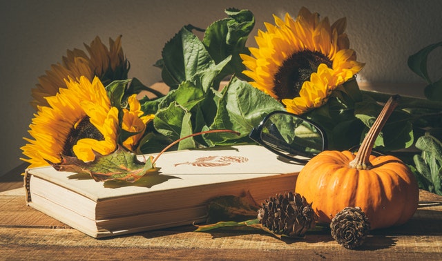 A pumpkin surrounded by beautiful sunflowers