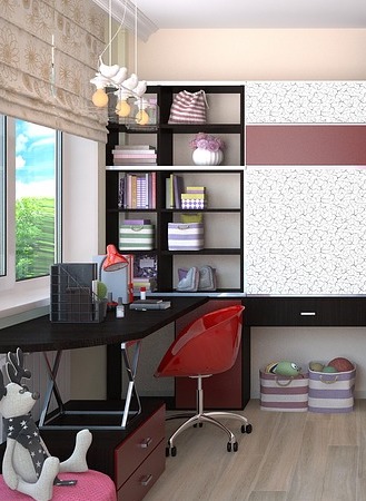 A child's bedroom neatly organized with storage cubes and shelves. 