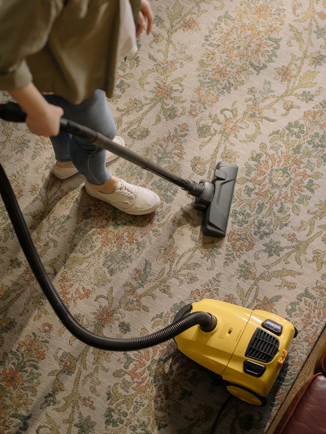 An overhead view of a vacuum on a carpet