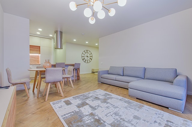 A gray couch with an area rug 