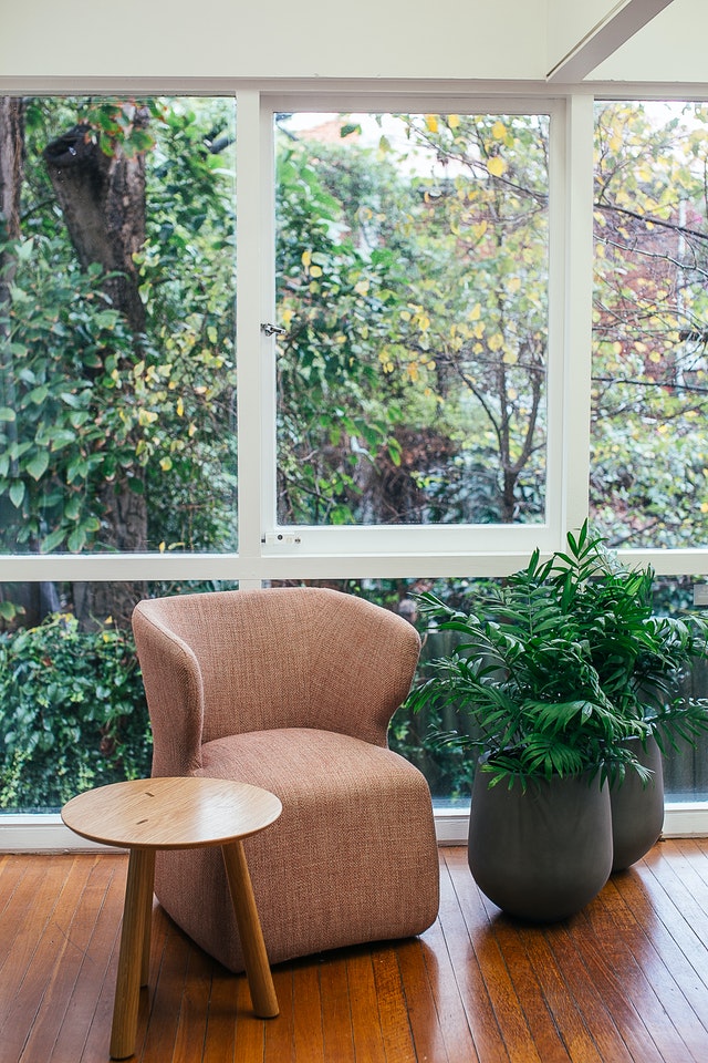 A green backdrop for french windows with wooden floors and a beige couch