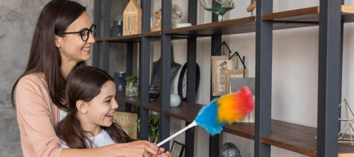 mother and daughter doing spring cleaning