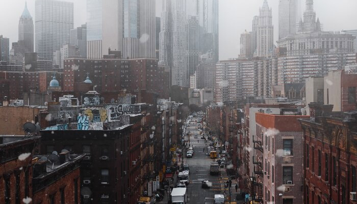 skyscrapers in New York City on a cloudy day, showcasing NYC's iconic architecture