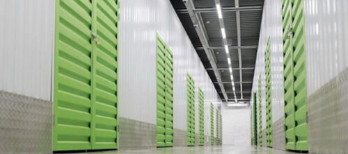 View of a storage facility showing doors to individual storage units